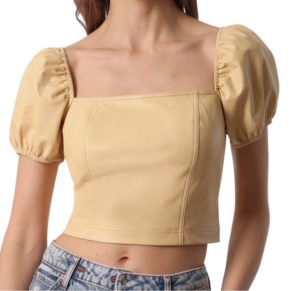 NWT 7 for All Mankind yellow faux leather crop top - Picture 1 of 7